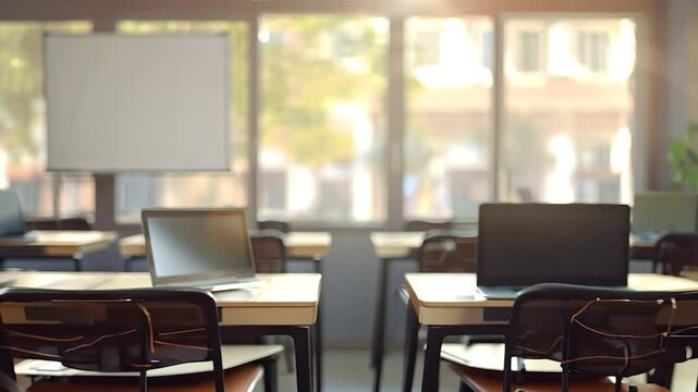 Slow motion video of sunlight streaming into empty classroom with desks and chairs stock footage for educational projects