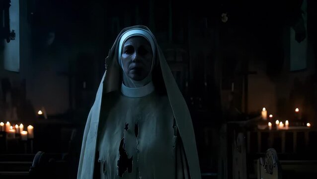 Dark shadowy Nun standing in gothic cathedral eerie lighting, Halloween religious horror haunted setting