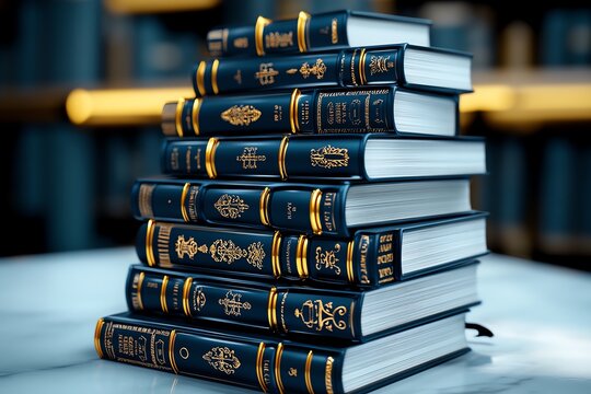 A 3D-rendered stack of books, with intricate details in the covers and pages, creating a lifelike digital sculpture of classic literature