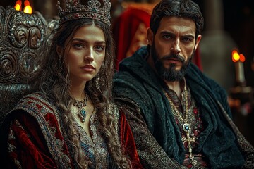 Fototapeta premium A royal couple in lavish medieval attire sits solemnly on an intricately carved wooden throne, exuding power and authority amid a candle-lit setting.