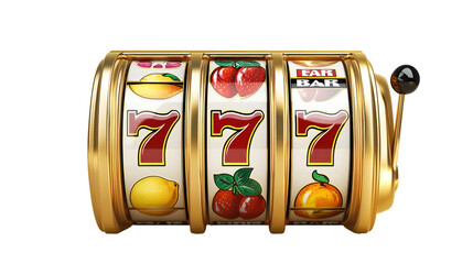 Gold Slot Machine With Triple Sevens and Fruit Symbols,on white