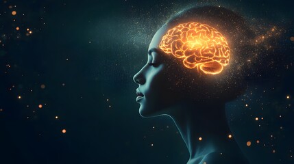Woman with a Glowing Brain in a Dark Background