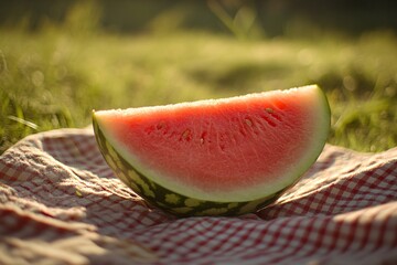 Watermelon Slice on Red Checkered Picnic Blanket