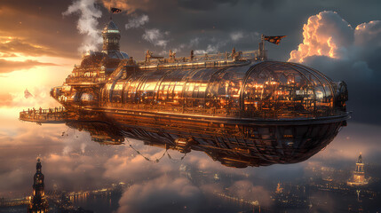 Obraz premium A huge steampunk airship 3d retro technology illustration fantastic wallpaper. Airship. Illustration