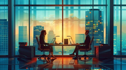 Two professionals having a meeting in a modern office, with a stunning sunset view behind them, conveying a sense of business connection and collaboration.