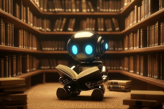 A small robot with glowing blue eyes sits on the floor surrounded by bookshelves and reads a book in a library, capturing a blend of technology and knowledge.