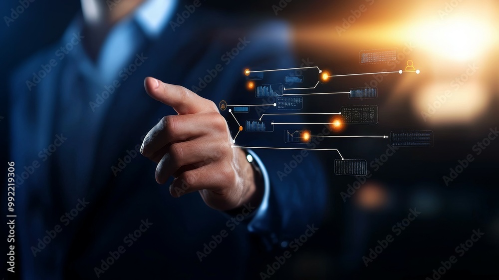 Wall mural a man in a suit is pointing at a computer screen with a line of code