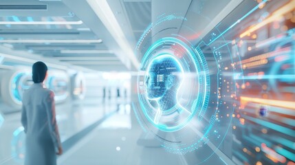 A futuristic scene showcasing a figure observing a digital interface displaying an illuminated, holographic head, symbolizing advanced technology and AI.