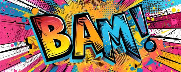Colorful pop art background with "BAM!" inside. Comic book elements, Dynamic visuals, Bright vector