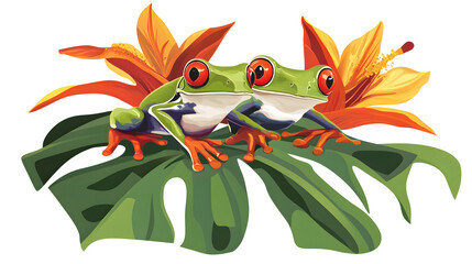 two red-eyed tree frogs sitting on a heliconia flower isolated on white background, flat design,...