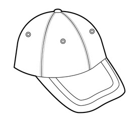 Fitted Cap Hat. Summer Head Fashion accessory clothing technical illustration. Vector headgear for Men, women, unisex style, flat template CAD mockup sketch outline isolated