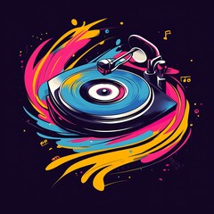 Obraz premium A colorful illustration of a vintage turntable with a record spinning, surrounded by paint splatters.