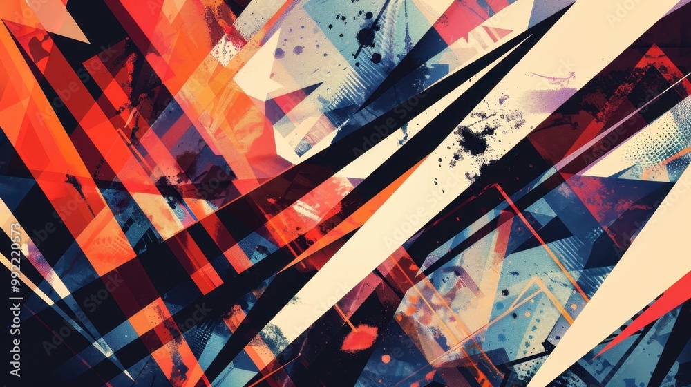 Poster sharp angles and intersecting lines, creating a dynamic