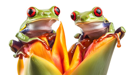 two red-eyed tree frogs sitting on a heliconia flower isolated on white background, flat design,...