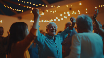 Fototapeta premium Elderly Group Dancing and Celebrating Under Festoon Lighting
