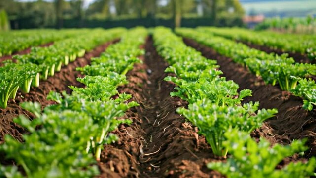 Rows of Celery Plants in a Field. Stunning 4K Ultra HD Footage - Perfect for Professional Projects