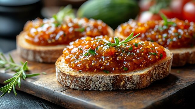 Loquat chutney spread slice of wholegrain bread served fresh vegetables a wooden table promoting a healthy balanced diet with a focus on natural fresh ingredients Scientific name Eriobotrya japonica