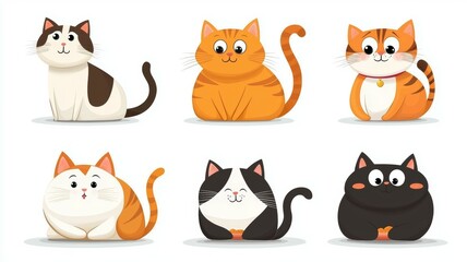 A set of six cartoon cats with different colors and sizes