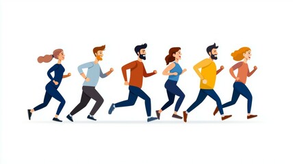 A group of people are running in a line