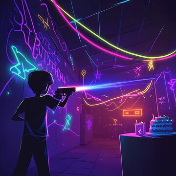 Neon birthday party with kid playing laser tag