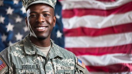 Fototapeta premium Proud U.S. African American soldier smiles confidently with an American flag in the background, symbolizing patriotism and dedication to military service.