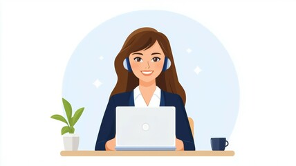A woman is sitting at a desk with a laptop and a cup of coffee