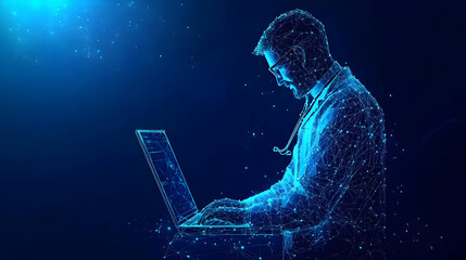Digital Healthcare Professional Working on a Laptop with Abstract Blue Background