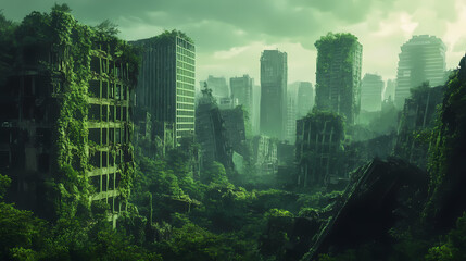Obraz premium Abandoned post-apocalyptic city, overgrown ruins, zombie apocalypse ruins, green future dystopia. Futuristic Wasteland. Illustration