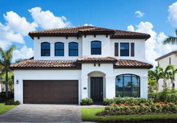 a modern, two-story white home with a dark brown tile roof and a palm tree in the front yard, located on the corner of an upscale community