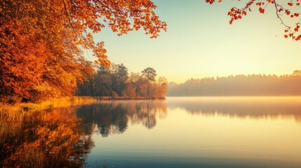 A serene autumn sunset over a tranquil lake, where warm colors reflect beautifully on the calm water's surface. The rich hues of orange, pink, and purple create a breathtaking scene  