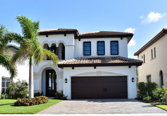 Obraz premium A white and brown color-themed, modern two-story house with dark windows. In the front of the home, there is a garage door with a large palm tree