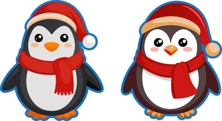 two cute penguin characters,Christmas Santa design elements. Holiday