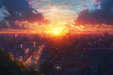 Sunset over a city skyline with clouds and traffic. Cityscape background