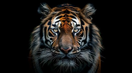 Close-up portrait of a tiger's face with a dark background.