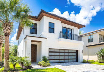 Fototapeta premium A white and brown color-themed, modern two-story house with dark windows. In the front of the home, there is a garage door with a large palm tree