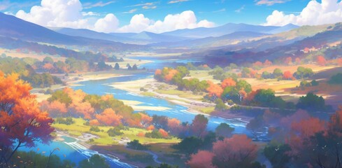 A breathtaking autumn landscape featuring rolling hills adorned with vibrant foliage. The scene captures the essence of fall, with warm colors of red, orange, and yellow blanketing the hills