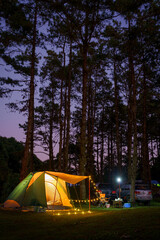Beautiful scenery of the mist in the morning at the Camp Car Camping Site nature of Huai Nam Dang National Park the famous place of travel attraction destination at Chiang Mai, Thailand.