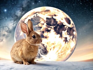 Easter bunny surrounded by colorful eggs in a cute, fluffy, and playful setting