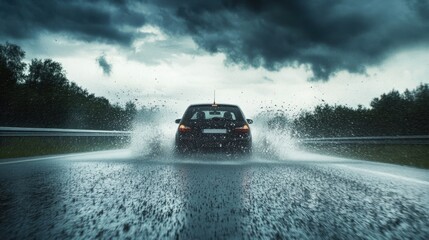 A car driving through a rainstorm on a highway, with water splashing up from the road and dark clouds in the sky.