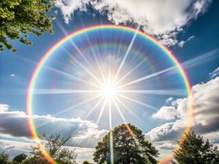 rainbow over the forest Colorful rainbow shining in a bright blue sky with fluffy clouds and a vibrant landscape below