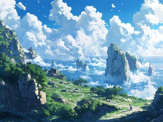 Fantasy landscape with cliffs, ocean, blue sky, and clouds