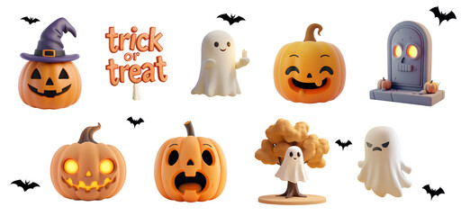 Naklejka premium Graphic Elements for Halloween Parties: Set Collection of 3D Cartoon Halloween Ghosts and Pumpkins, Isolated on Transparent Background, PNG