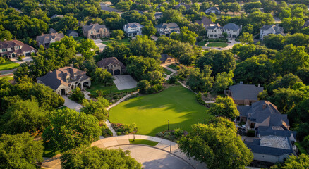 An aerial view of an upscale neighborhood in Paris, Texas, with homes and lawns, trees and street lights, captured from above by a drone