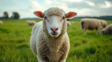 Fototapeta premium Cute Sheep in a Green Meadow