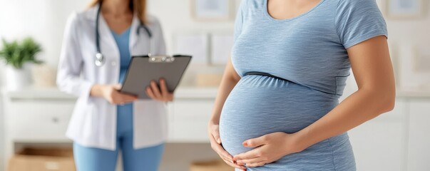 A pregnant woman in a blue dress cradles her belly while a healthcare professional monitors her health in a bright, welcoming clinicHealth and medical checkup concept