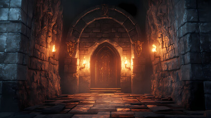 Castle dungeon interior with stone brick walls and torches, mystical chamber, lit by torches, with a figure in a glowing archway, inviting adventure. Epic Quest. Illustration