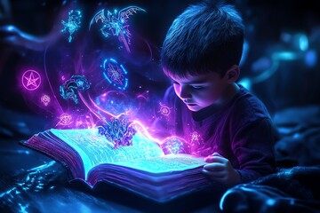 Obraz premium A child learning magic from a glowing book, with mystical symbols and creatures floating out of the pages in a fantasy setting