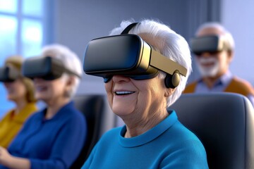 A 3D-animated group of older adults engaging in a virtual reality learning experience, exploring new subjects in a lifelike digital environment