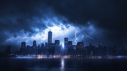 Obraz premium A city skyline silhouetted against an approaching storm, with heavy clouds rolling in and flashes of lightning in the distance.