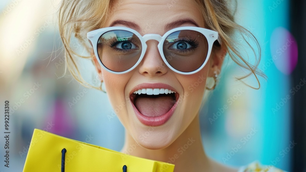 Wall mural a woman is smiling and holding a yellow shopping bag